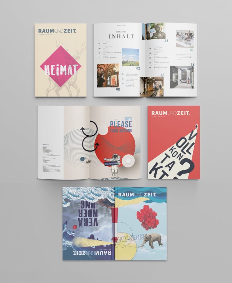 Designs von verschiedenen Magazinen und Broschüren auf einem grauen Hintergrund.